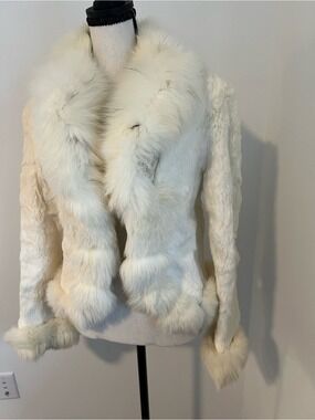 Vintage Real White Rabbit Fur Jacket Fox Collar Pom Poms Asian Y2K Mob Wife